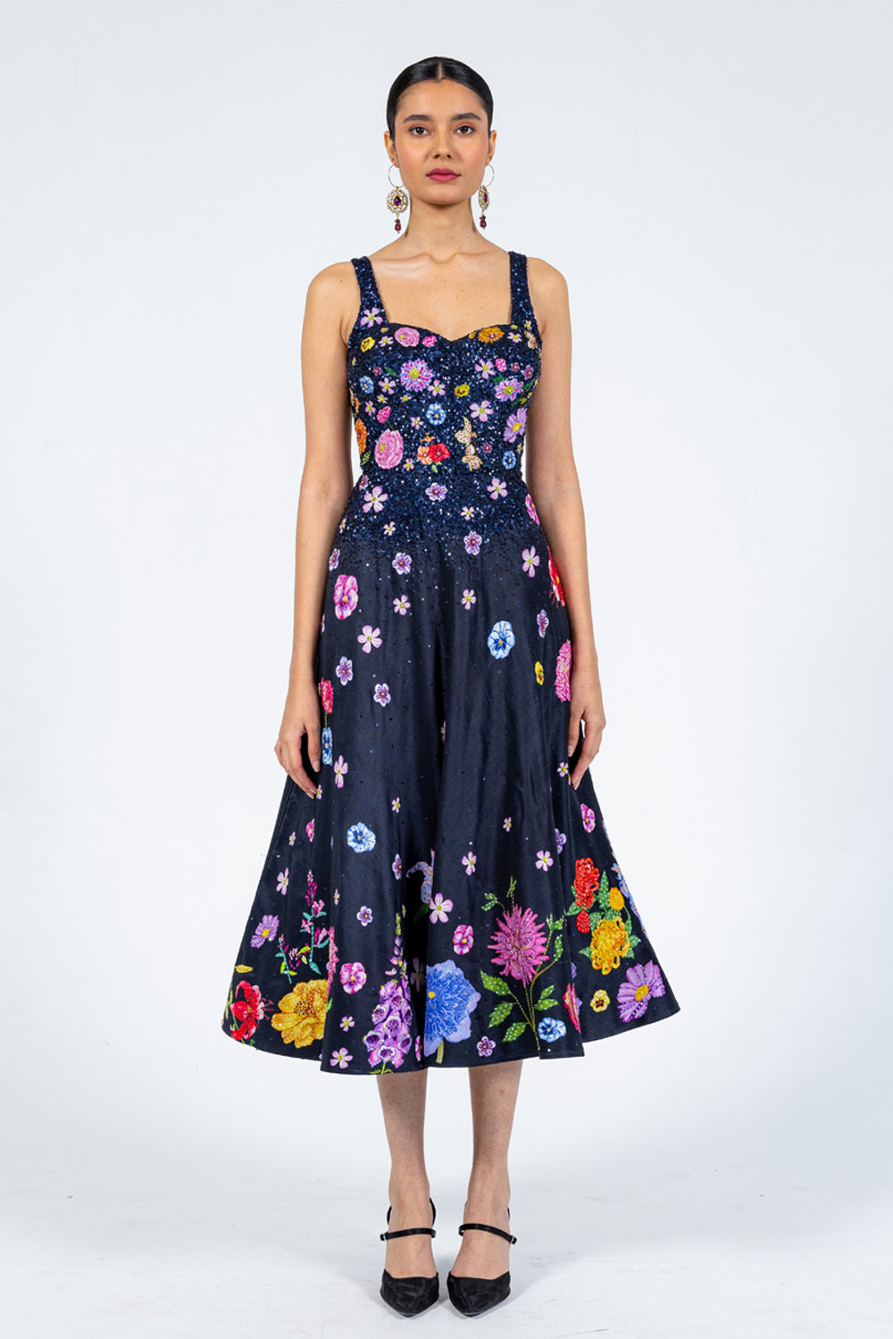 Valley Of Flowers Silk Satin Dress in Black