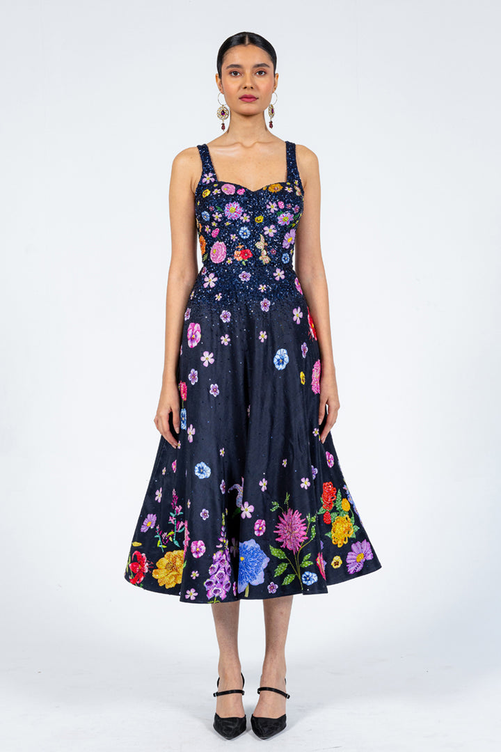 Valley Of Flowers Silk Satin Dress in Black