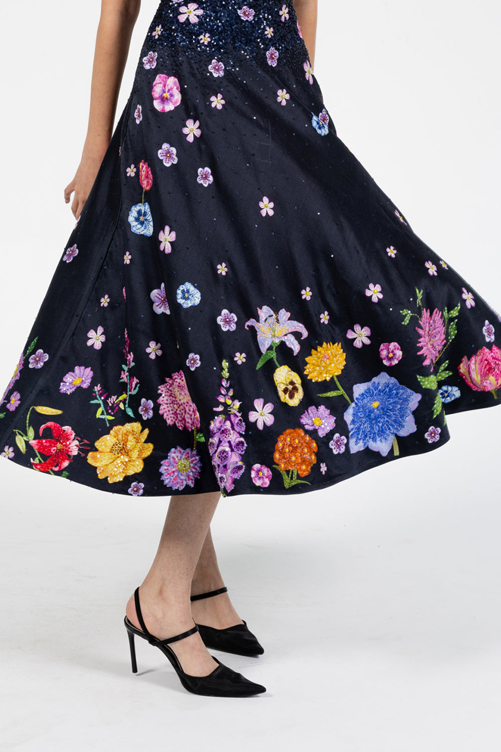 Valley Of Flowers Silk Satin Dress in Black