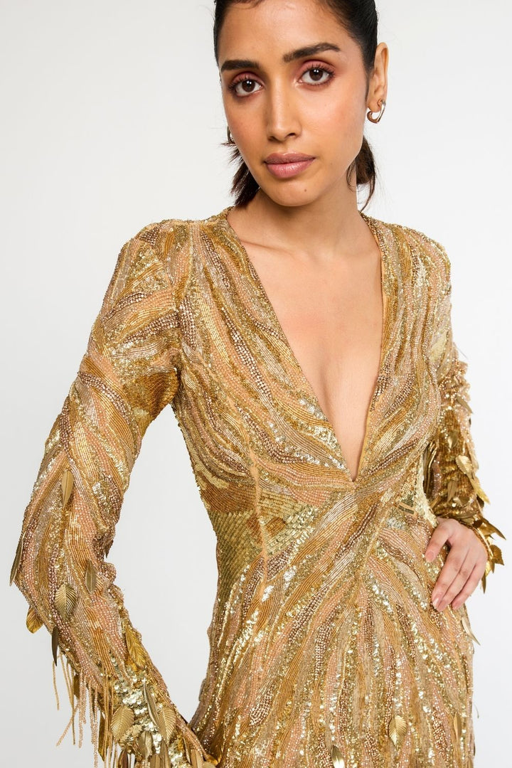 Surreal Space Gold Hand-Embroidered Gown in Nude