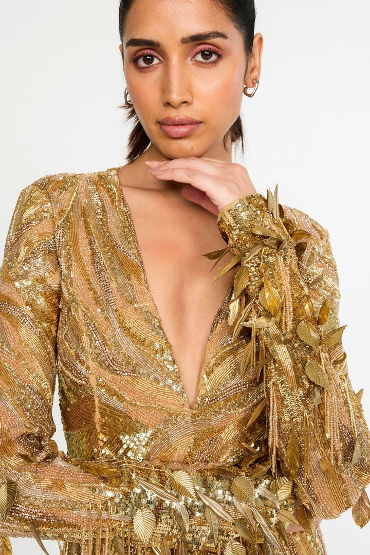 Surreal Space Gold Hand-Embroidered Gown in Nude