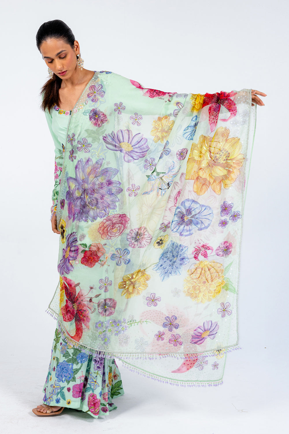 Valley Of Flowers Silk Georgette Sharara with Kurta &amp; Silk Organza Dupatta in Mint