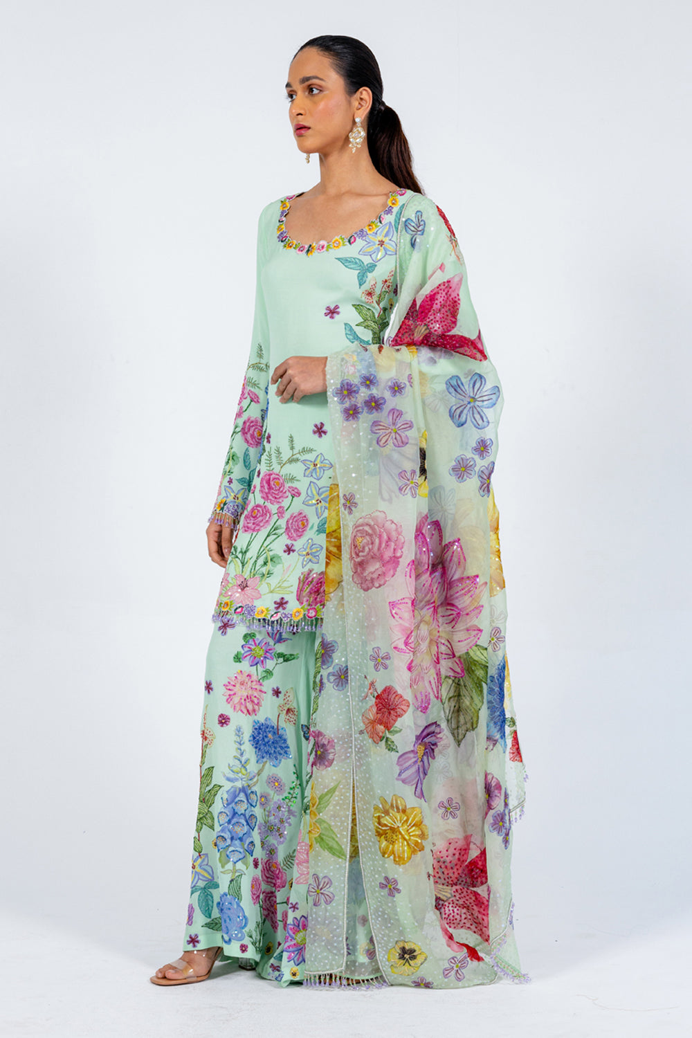 Valley Of Flowers Silk Georgette Sharara with Kurta &amp; Silk Organza Dupatta in Mint