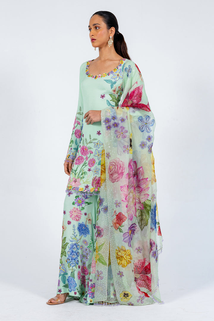 Valley Of Flowers Silk Georgette Sharara with Kurta &amp; Silk Organza Dupatta in Mint