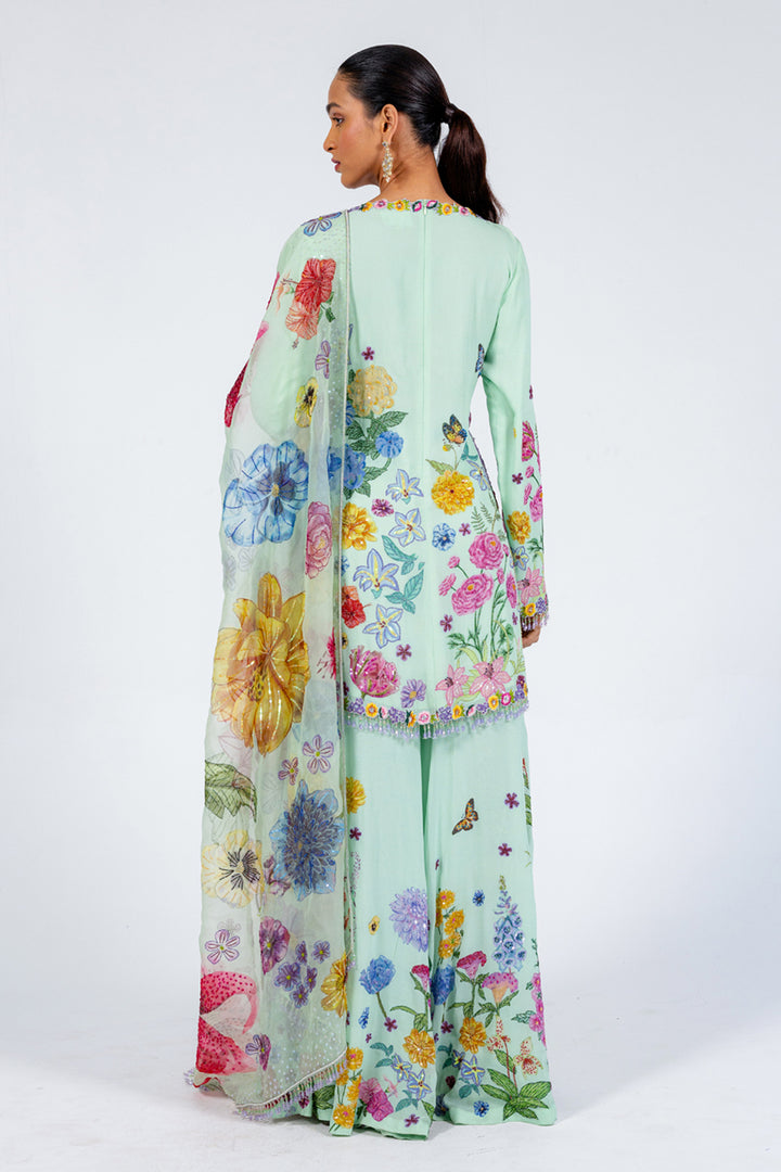 Valley Of Flowers Silk Georgette Sharara with Kurta &amp; Silk Organza Dupatta in Mint