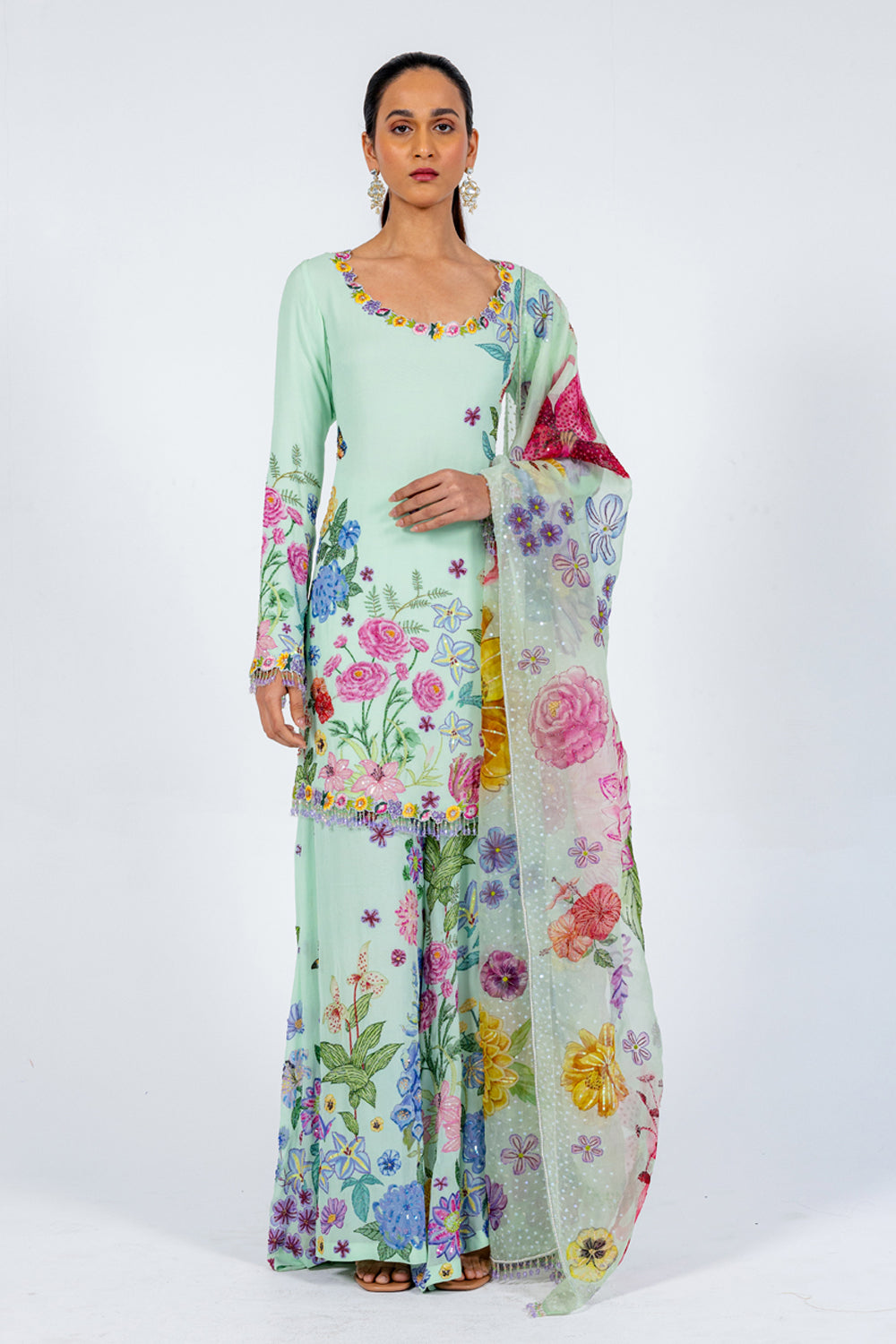 Valley Of Flowers Silk Georgette Sharara with Kurta &amp; Silk Organza Dupatta in Mint