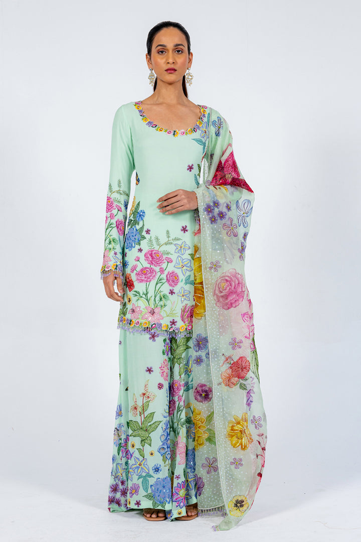 Valley Of Flowers Silk Georgette Sharara with Kurta &amp; Silk Organza Dupatta in Mint