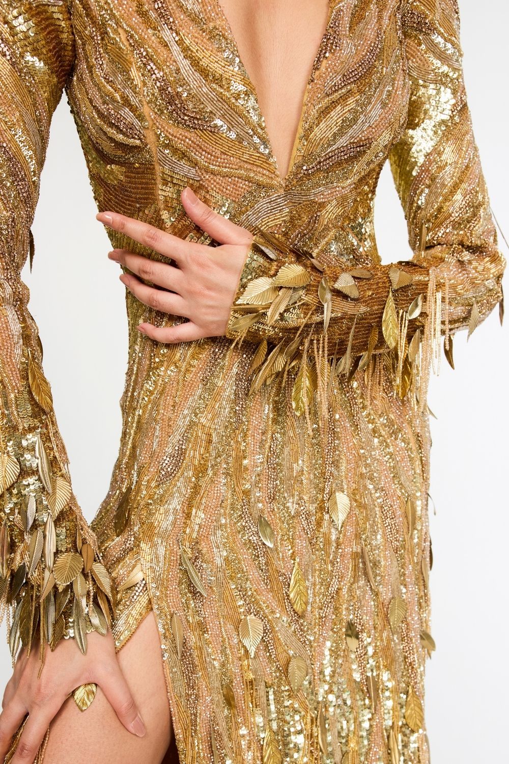 Surreal Space Gold Hand-Embroidered Gown in Nude
