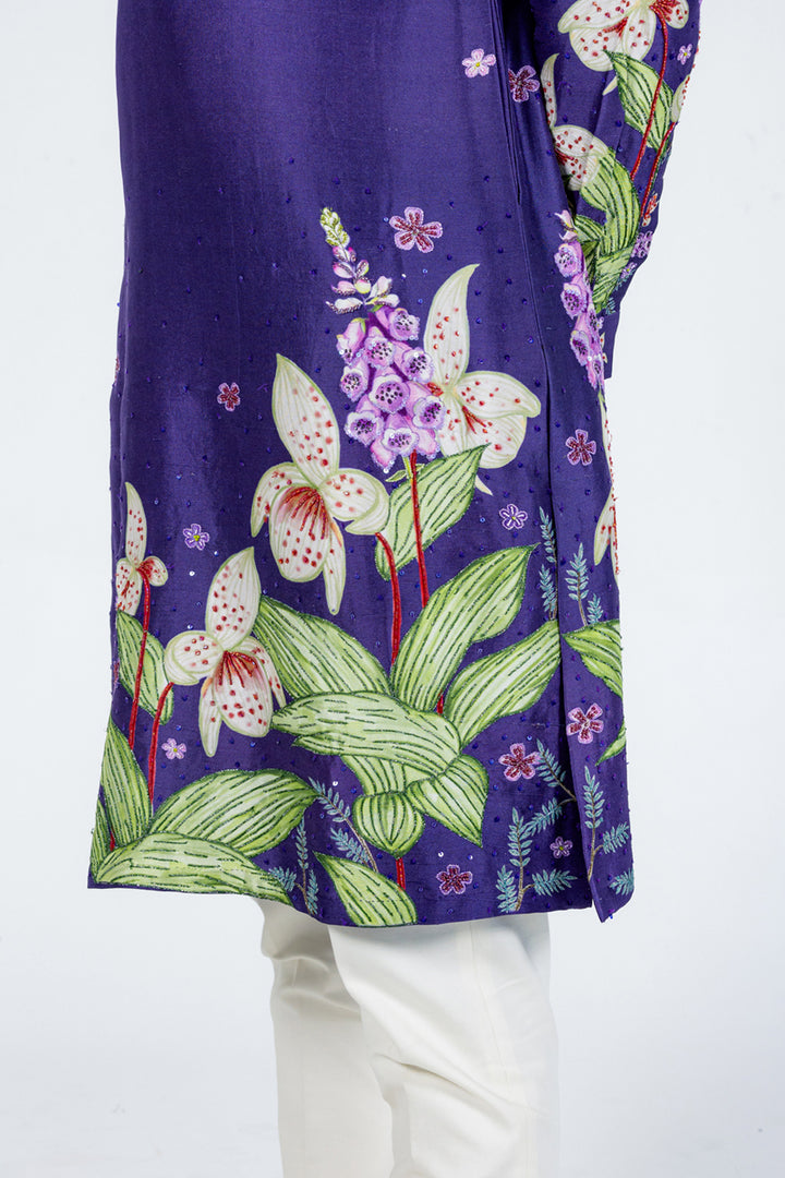 Valley Of Flowers Hand-Embroidered Kurta in Navy