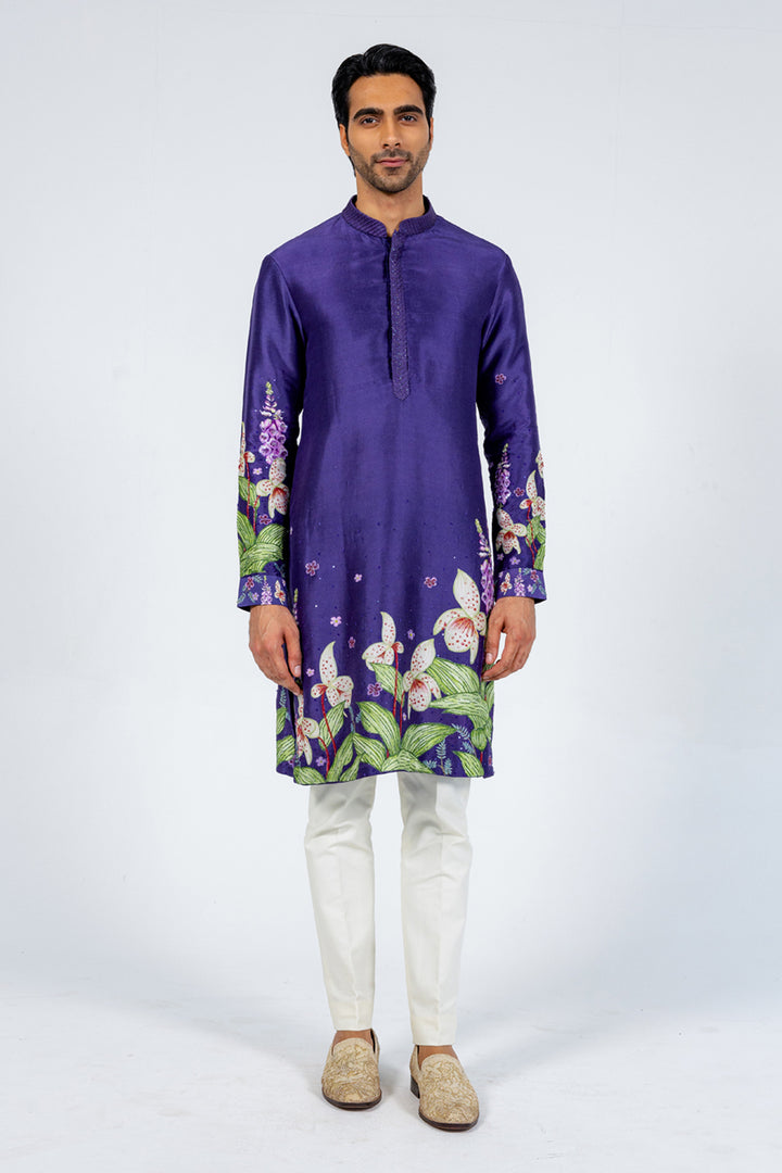 Valley Of Flowers Hand-Embroidered Kurta in Navy