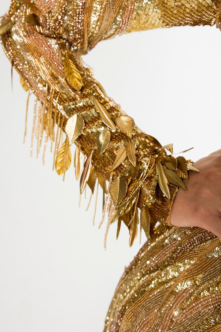 Surreal Space Gold Hand-Embroidered Gown in Nude