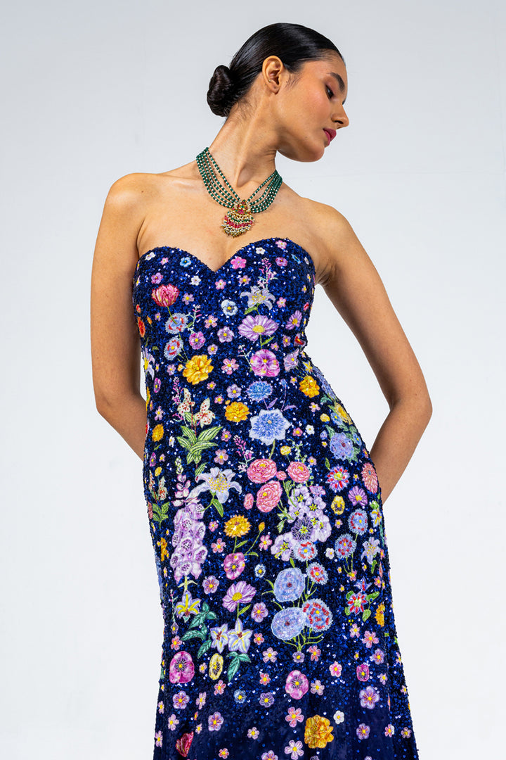 Valley Of Flowers Silk Satin Gown in Navy