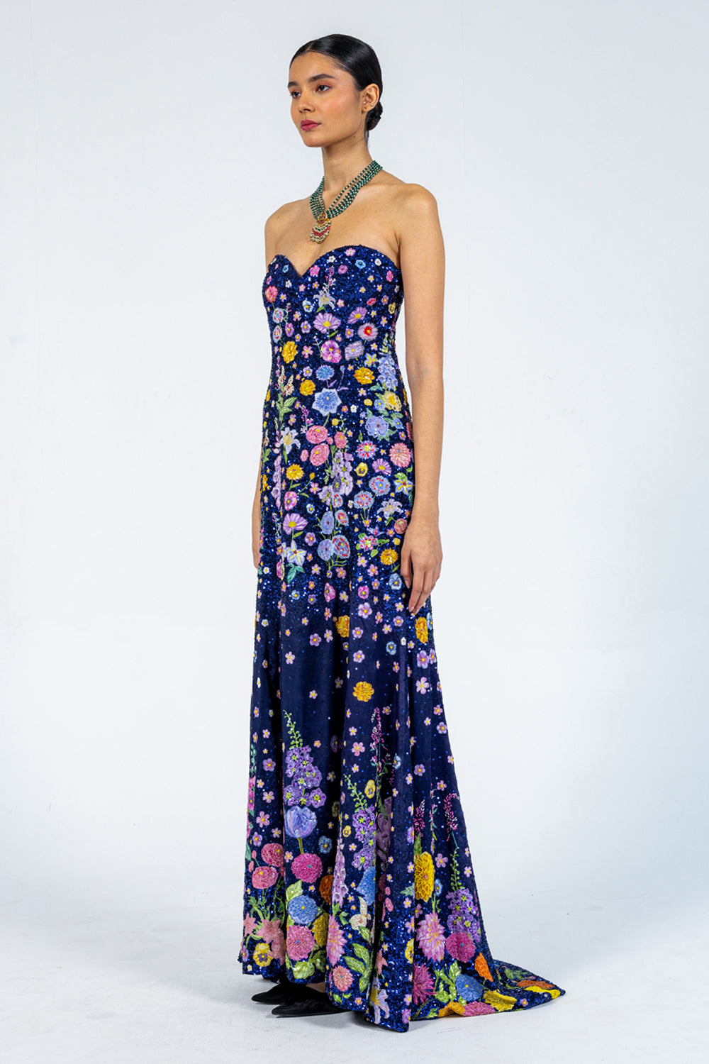 Valley Of Flowers Silk Satin Gown in Navy