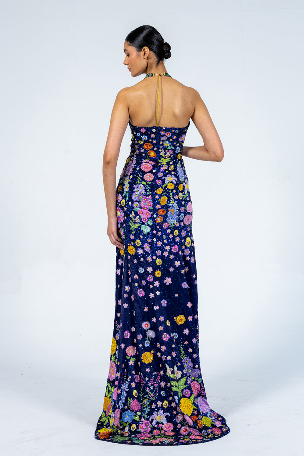 Valley Of Flowers Silk Satin Gown in Navy