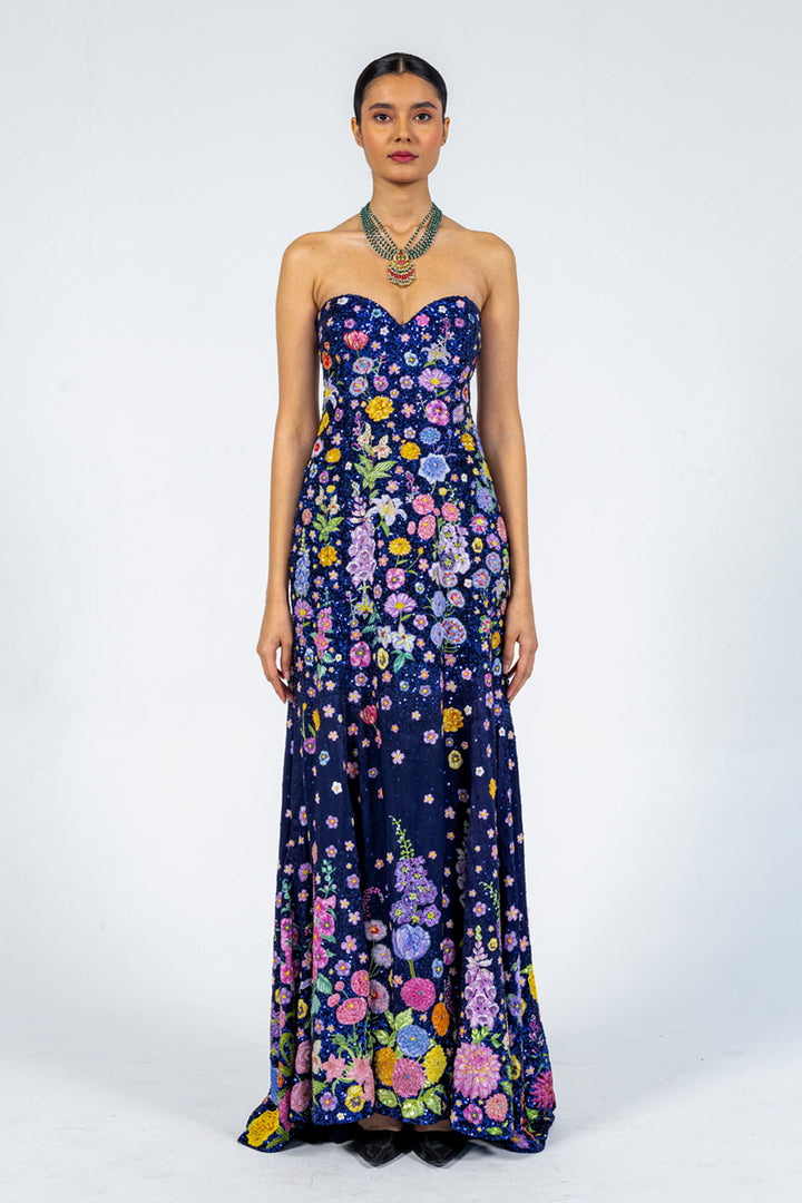 Valley Of Flowers Silk Satin Gown in Navy
