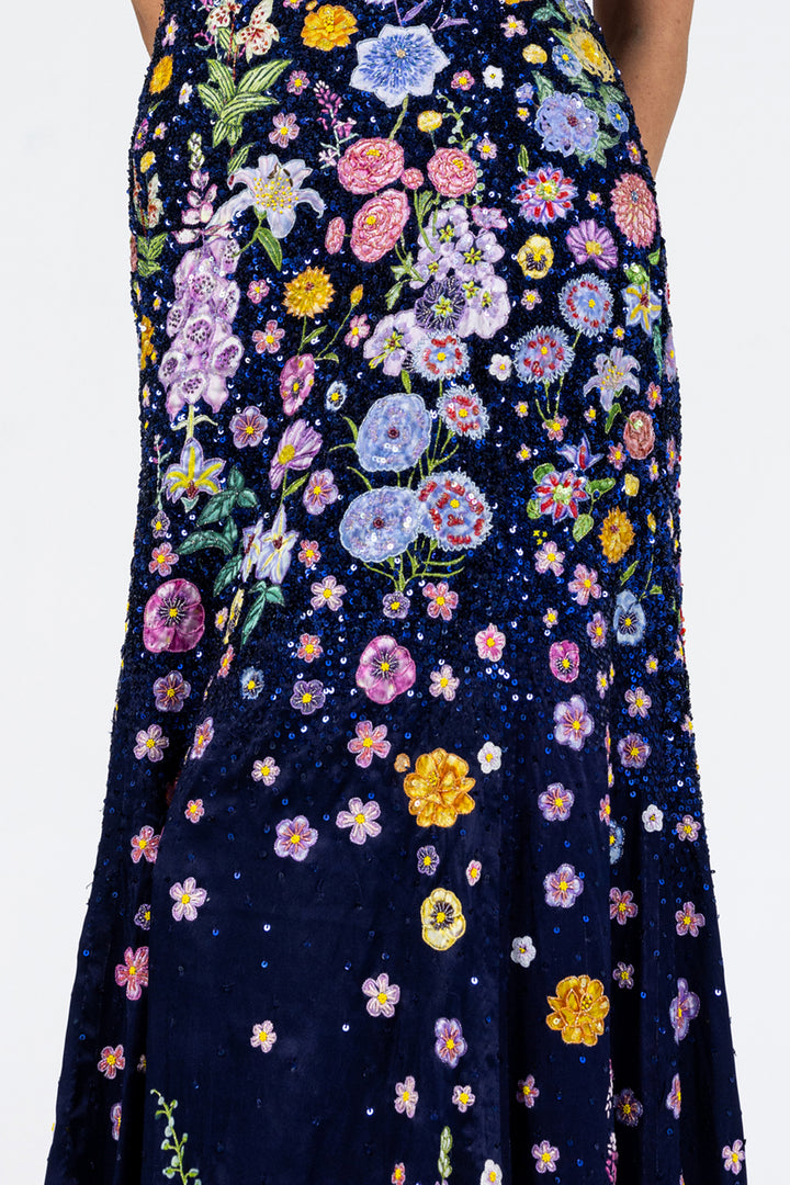 Valley Of Flowers Silk Satin Gown in Navy