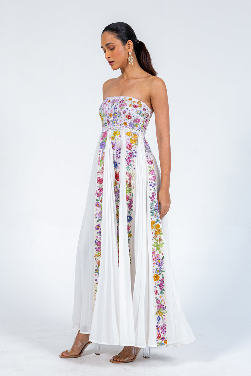 Valley Of Flowers Silk Satin Pleated Dress in Ivory