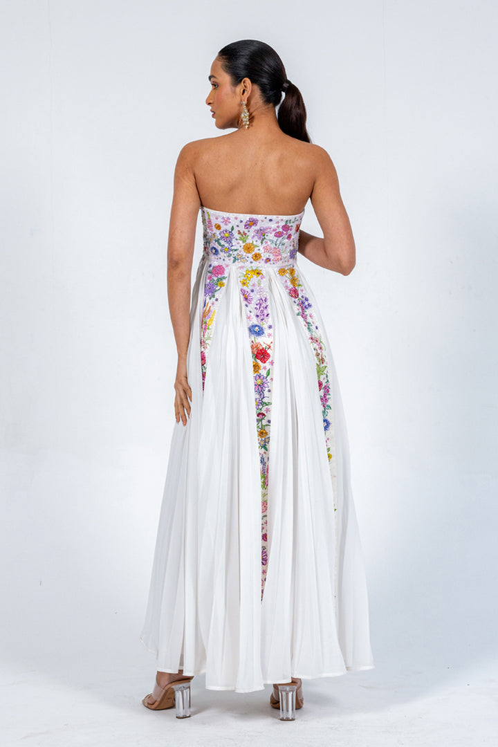 Valley Of Flowers Silk Satin Pleated Dress in Ivory