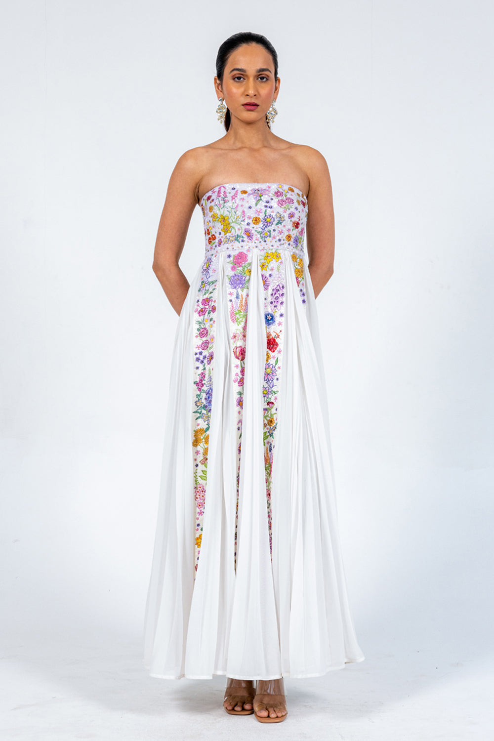 Valley Of Flowers Silk Satin Pleated Dress in Ivory