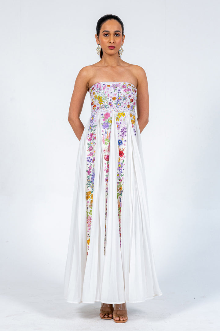 Valley Of Flowers Silk Satin Pleated Dress in Ivory