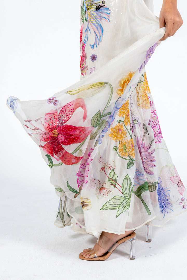 Valley Of Flowers Silk Organza A-Line Dress with Hand-Sequinned Inner in Ivory and Pink Ombre
