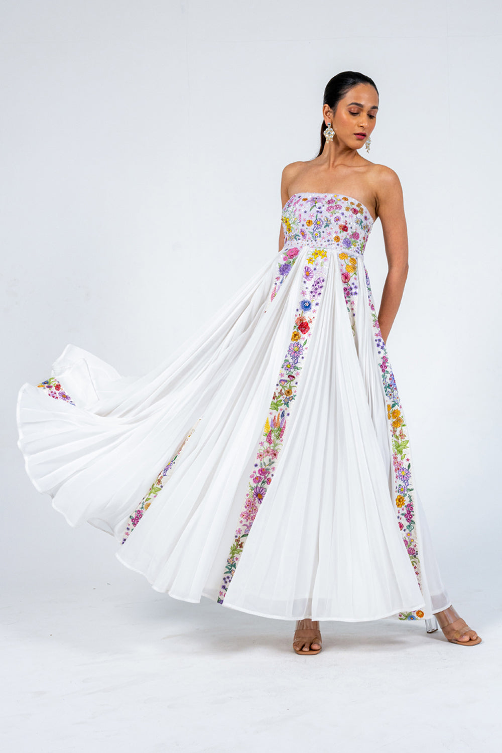 strapless open back dress Valley Of Flowers Silk Satin Pleated Dress in Ivory – Rahul Mishra
