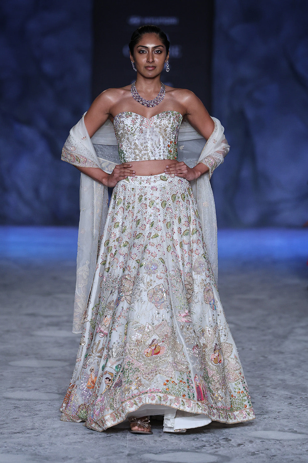 Raas Crystal-Encrusted Hand-Embroidered Lehenga Set in Ivory