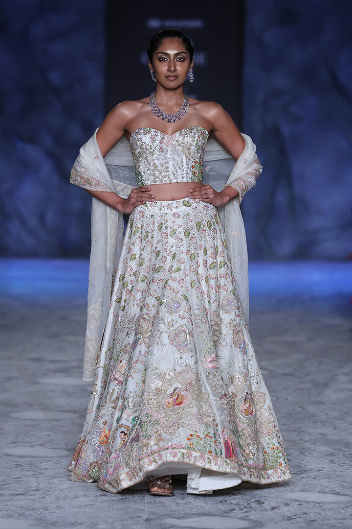 Raas Crystal-Encrusted Hand-Embroidered Lehenga Set in Ivory