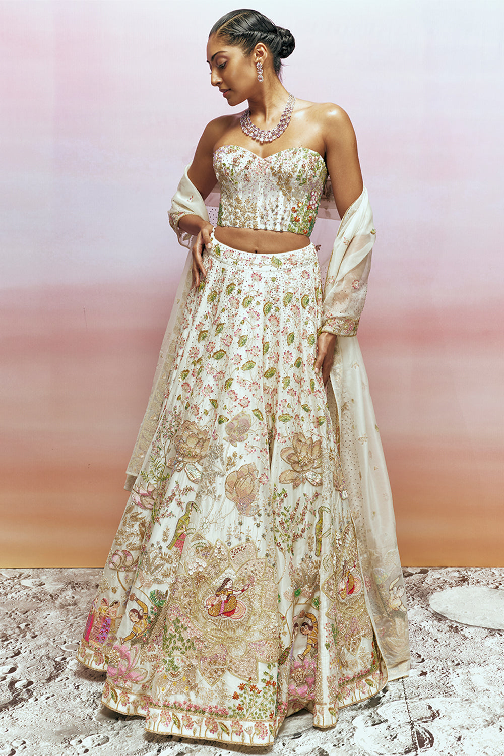 Raas Crystal-Encrusted Hand-Embroidered Lehenga Set in Ivory