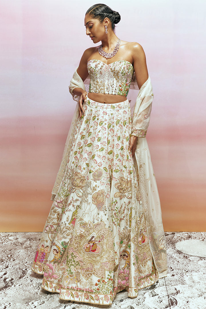 Raas Crystal-Encrusted Hand-Embroidered Lehenga Set in Ivory