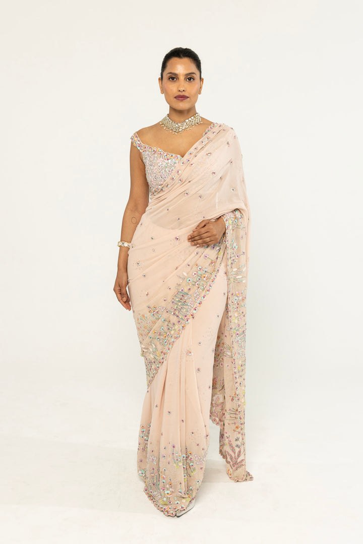 Verdure Hand-Embroidered Saree Set in Pale Pink