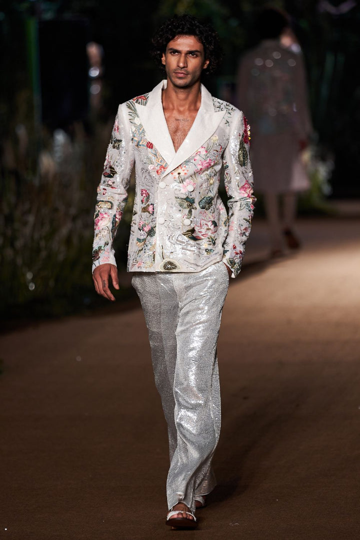 Padma Silk Organza Jacket with Sequinence Hand-Sequinned Trousers in Ivory, Multi, and Silver