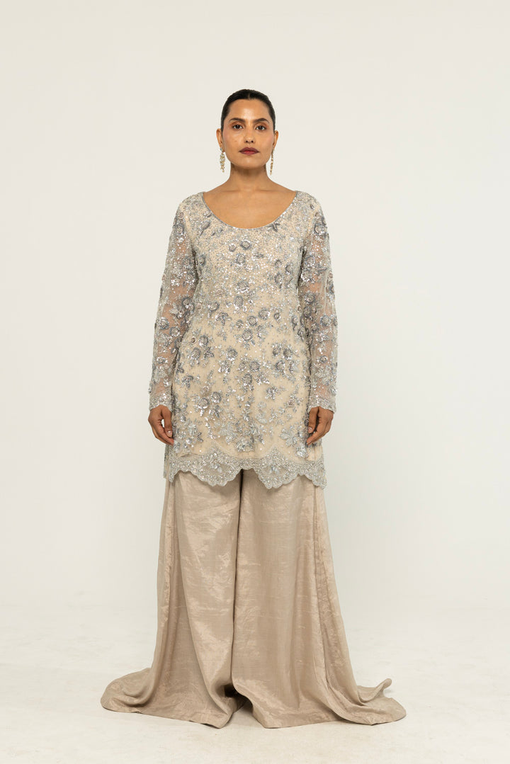 Himadri Hand-Embroidered Sharara Set in Silver