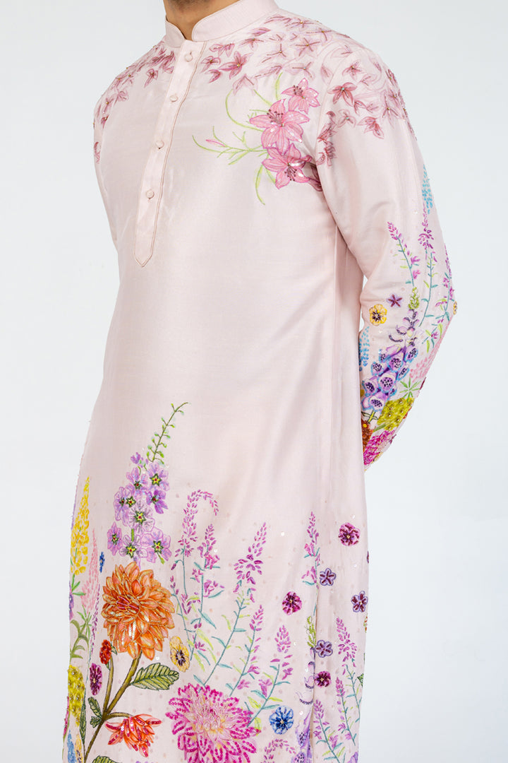 Valley Of Flowers Hand-Embroidered Kurta in Pink