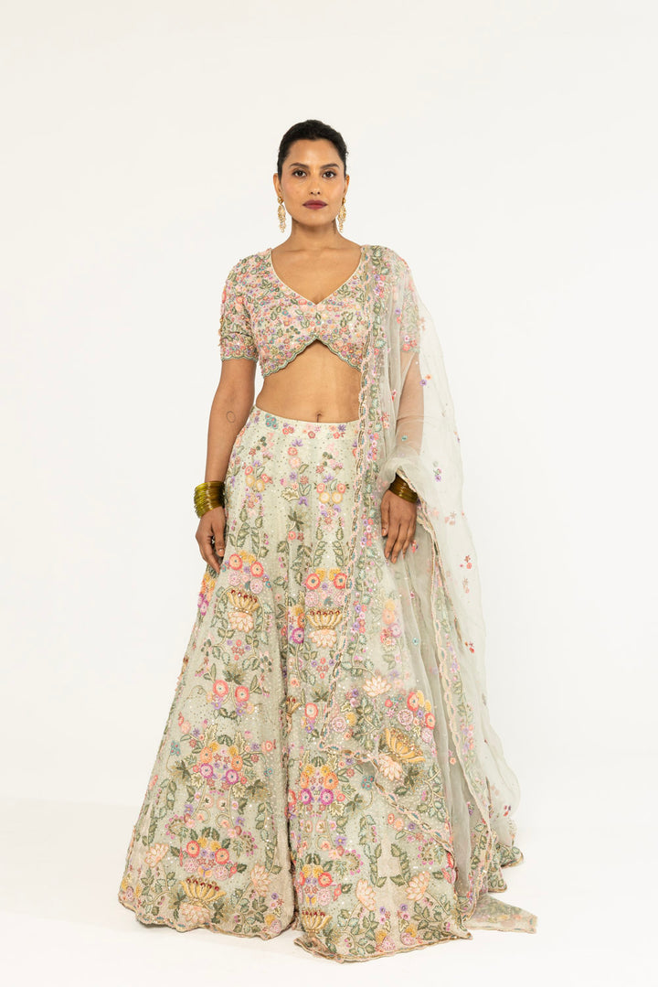 Guldasta Hand-Embroidered Lehenga Set in Mint