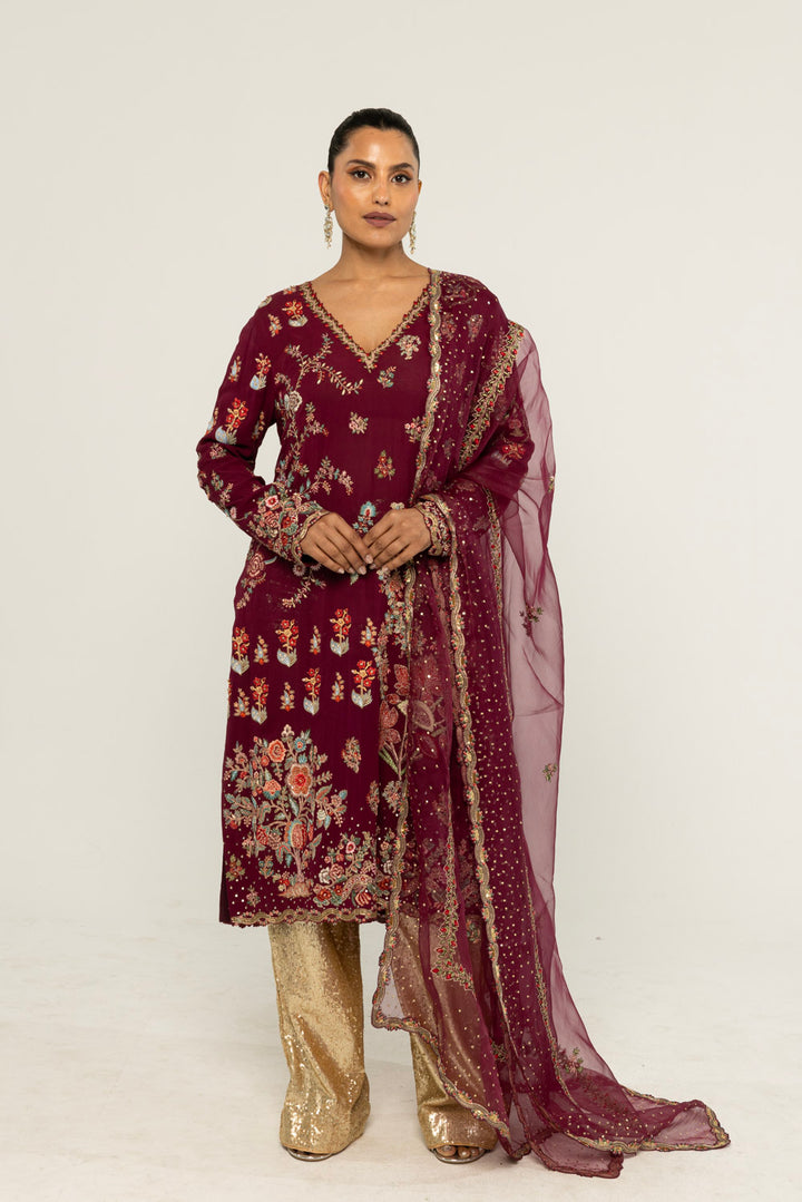Chintz Hand-Embroidered Kurta Set in Burgundy