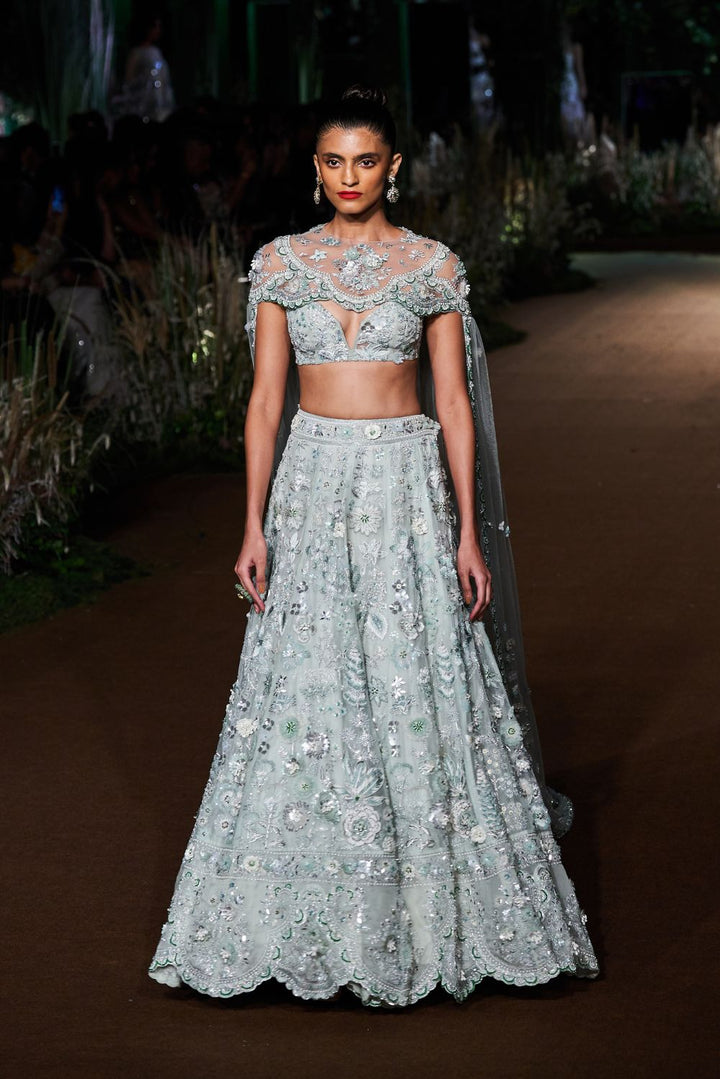 Himadri Silk Organza Lehenga Set with Hand-Embroidered Blouse and Cape in Mint