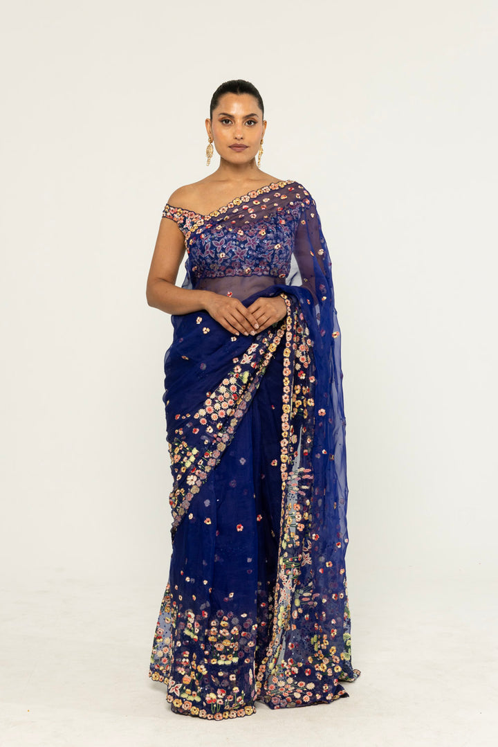 Verdure Hand-Embroidered Saree Set in Ink Blue