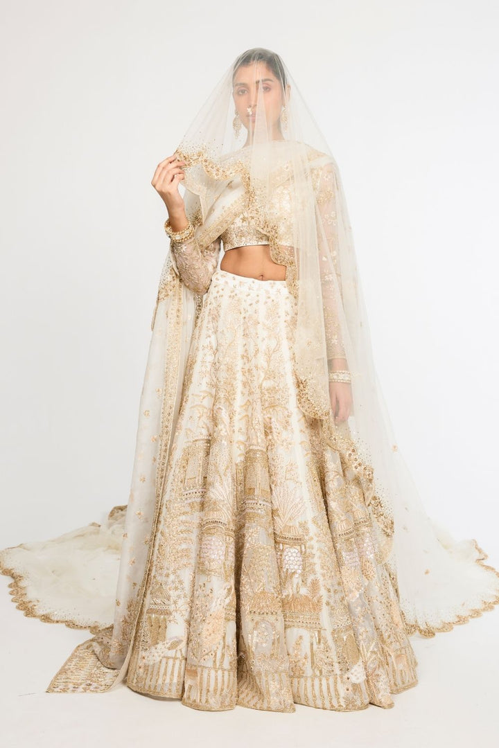 Jharokha Hand-Embroidered Lehenga Set with Blouse, Dupatta and Veil in Ivory