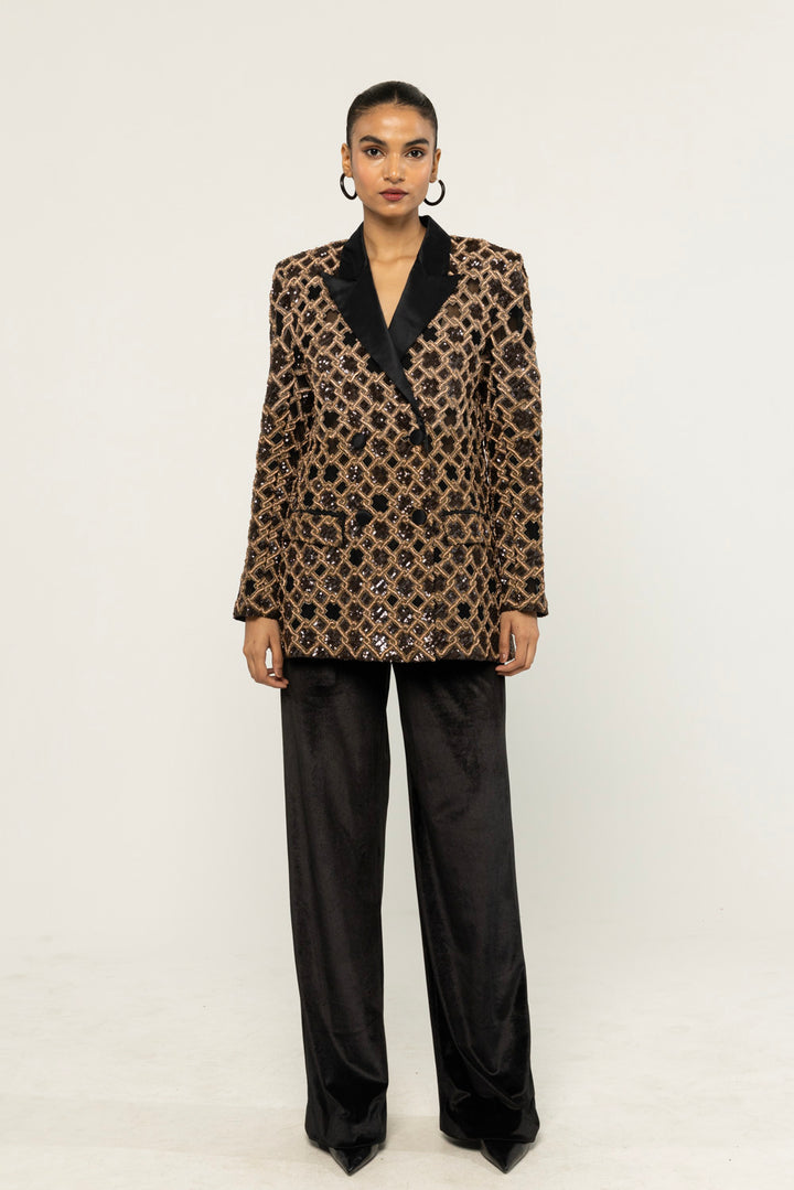 Lattice Hand-Embroidered Jacket in Black and Gold