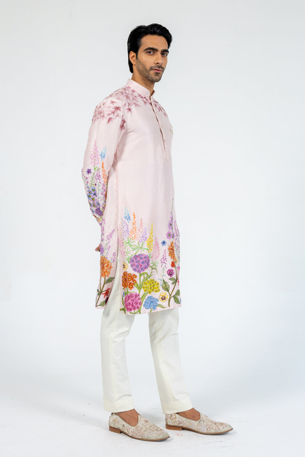 Valley Of Flowers Hand-Embroidered Kurta in Pink