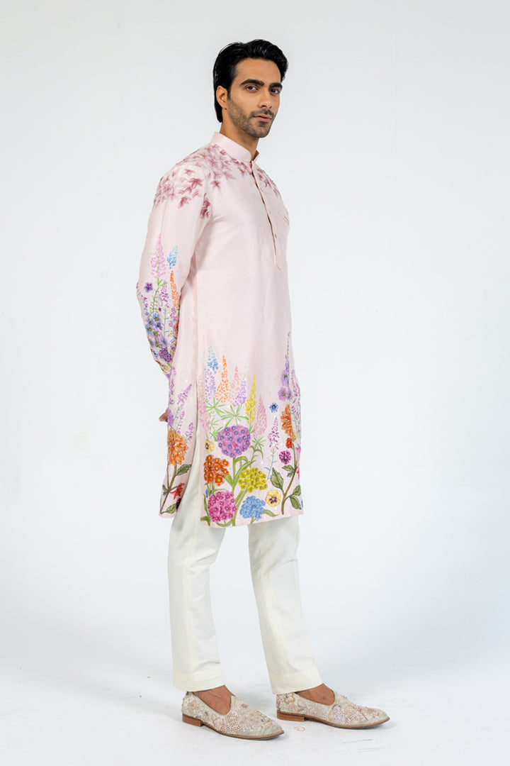 Valley Of Flowers Hand-Embroidered Kurta in Pink