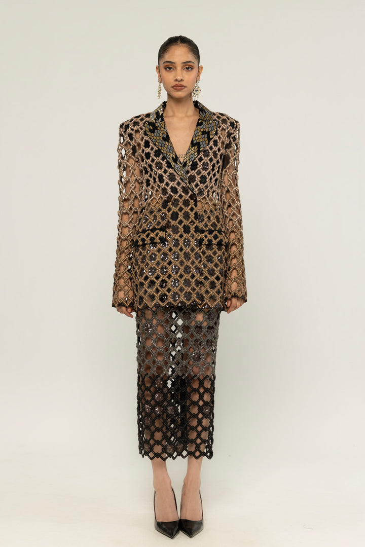 Lattice Hand-Embroidered Jacket Set in Black and Gold