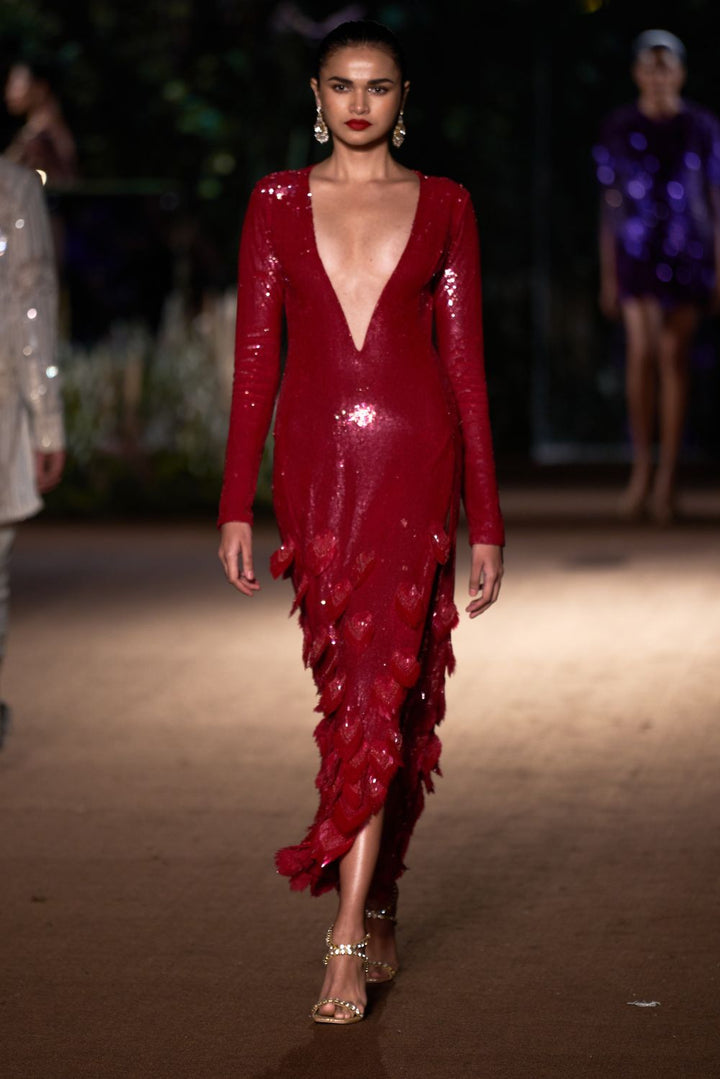 Iris Hand-Embroidered Gown in Ruby