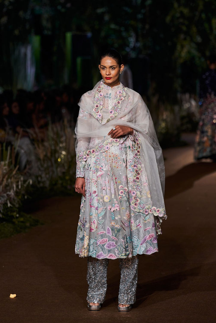 Verdure Pastel Silk Organza Kurta with Dupatta and Sequinence Hand-Sequinned Trousers in Ivory, Multi, and Silver
