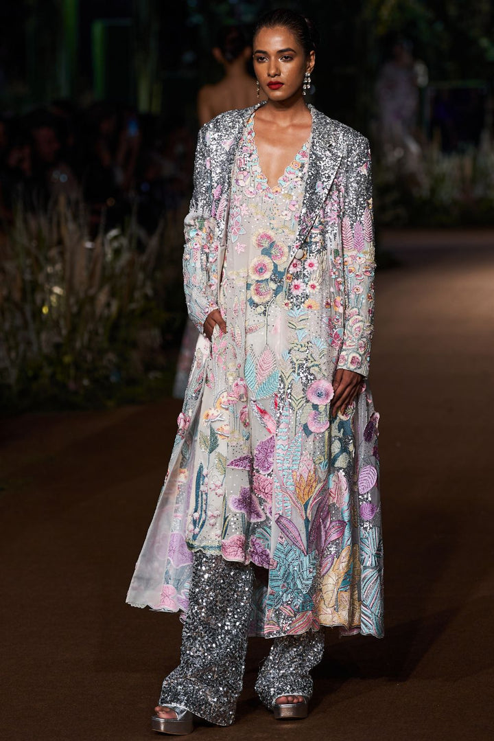 Verdure Pastel Silk Organza Trench Coat with Kurta and Sequinence Hand-Sequinned Trousers in Ivory, Multi, and Black