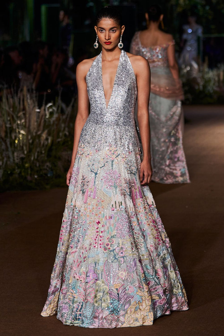 Verdure Pastel Silk Organza Gown in Ivory and Multi