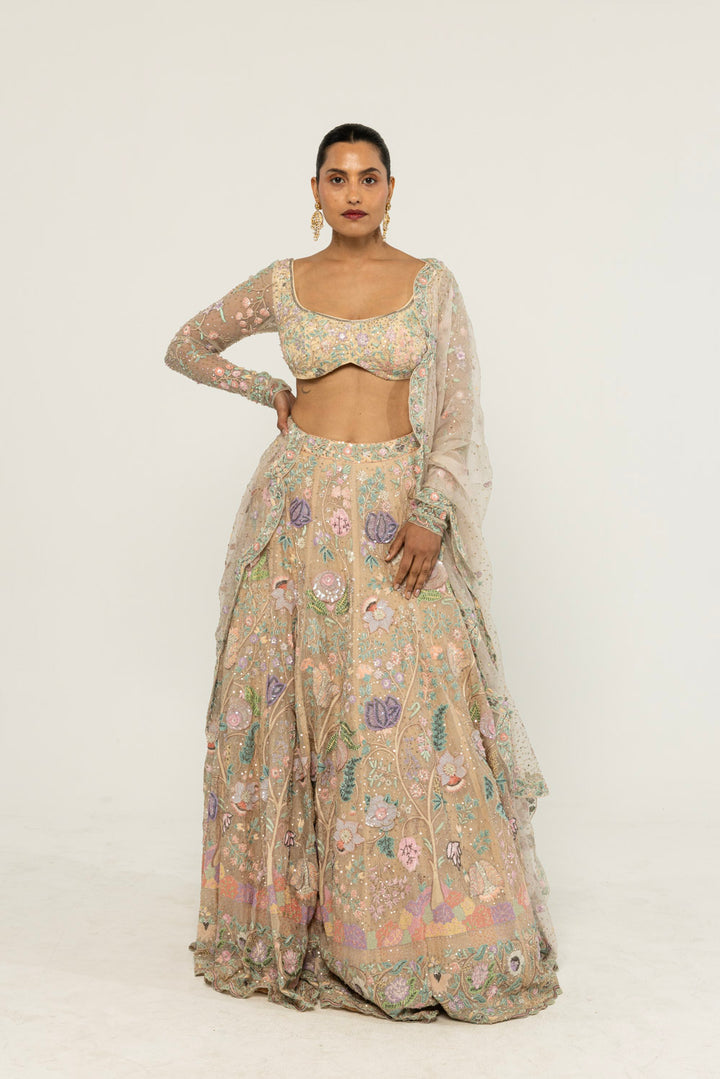 Chintz Hand-Embroidered Lehenga Set in Beige