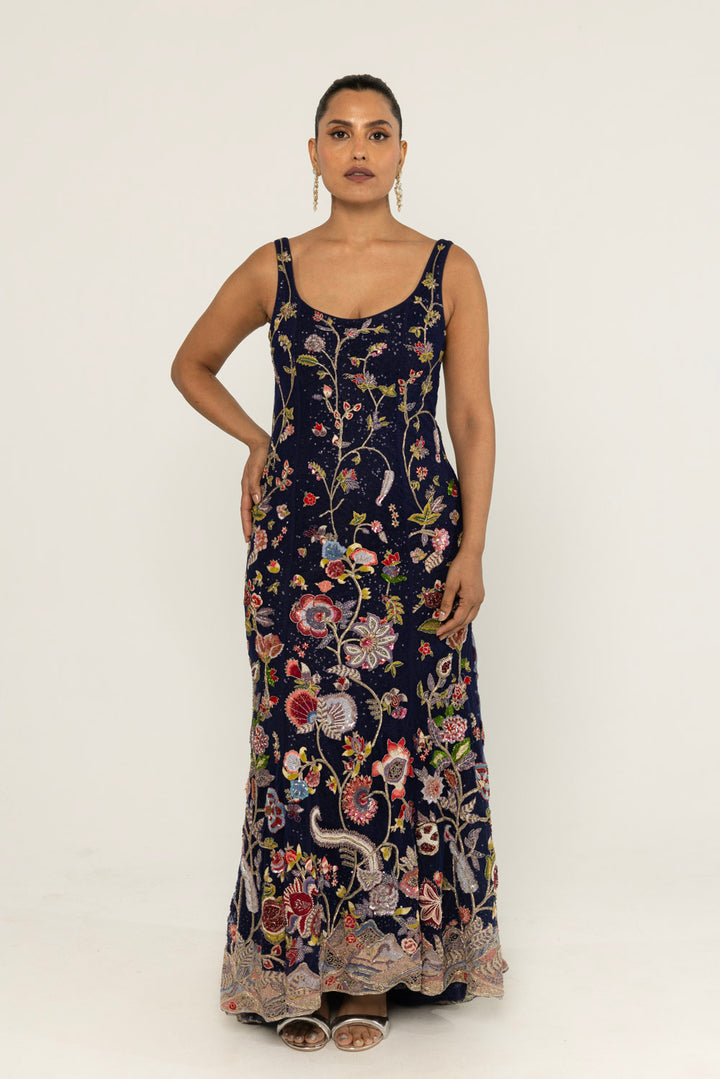 Anar Bel Hand-Embroidered Gown in Navy