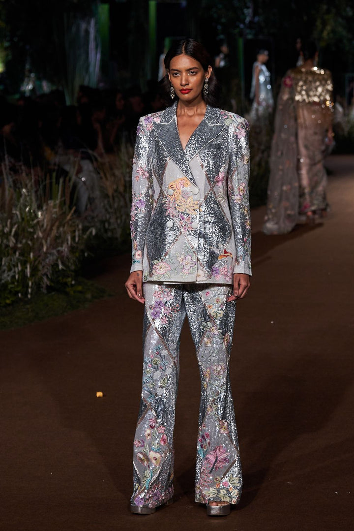 Sundarbans Silk Organza Jacket with Trousers in Ivory and Multi